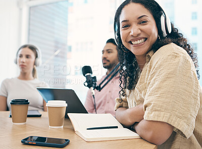 Buy stock photo Communication group, podcast portrait and happy woman, speaker or audio presenter pride in talk show interview. Radio air, news content creator and confident influencer hosting live stream broadcast