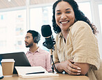 Woman, microphone and radio with smile in portrait, media or press with journalist or DJ, notebook and content creation. Podcast, influencer and live stream with audio, talk show and communication