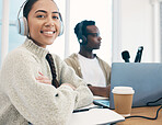 Radio, podcast and portrait of woman in office for interview with people, headphones and microphone. Recording, audio broadcast and speaker hosting a group, discussion show and influencer business