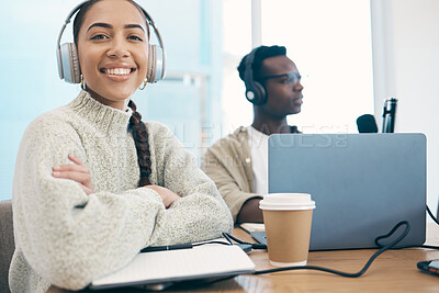 Buy stock photo Podcast, radio and portrait of woman in office or conversation with people, headphones and microphone. Radio, presenter and person hosting a group discussion, show and broadcast of audio or sound