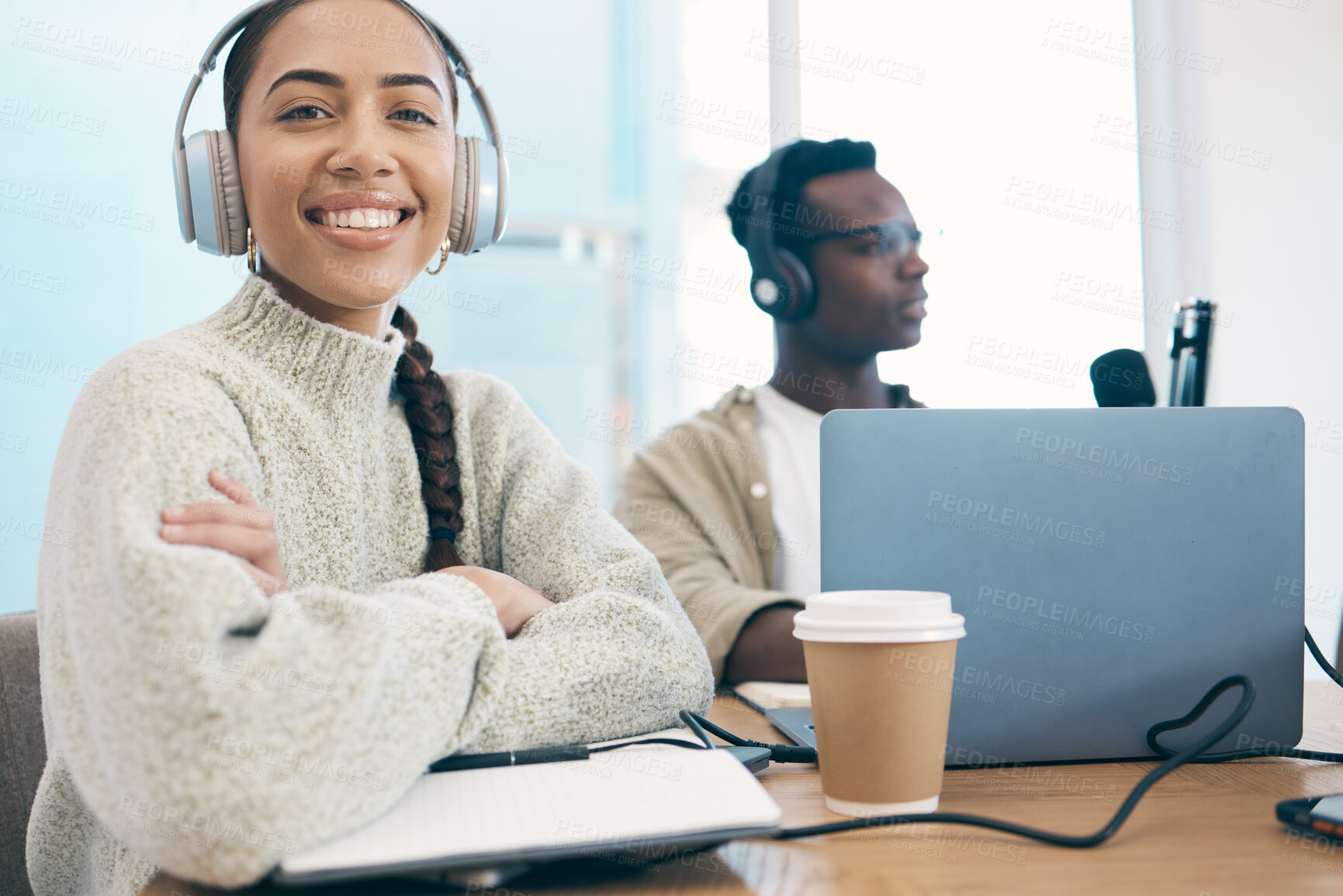 Buy stock photo Podcast, radio and portrait of woman in office or conversation with people, headphones and microphone. Radio, presenter and person hosting a group discussion, show and broadcast of audio or sound