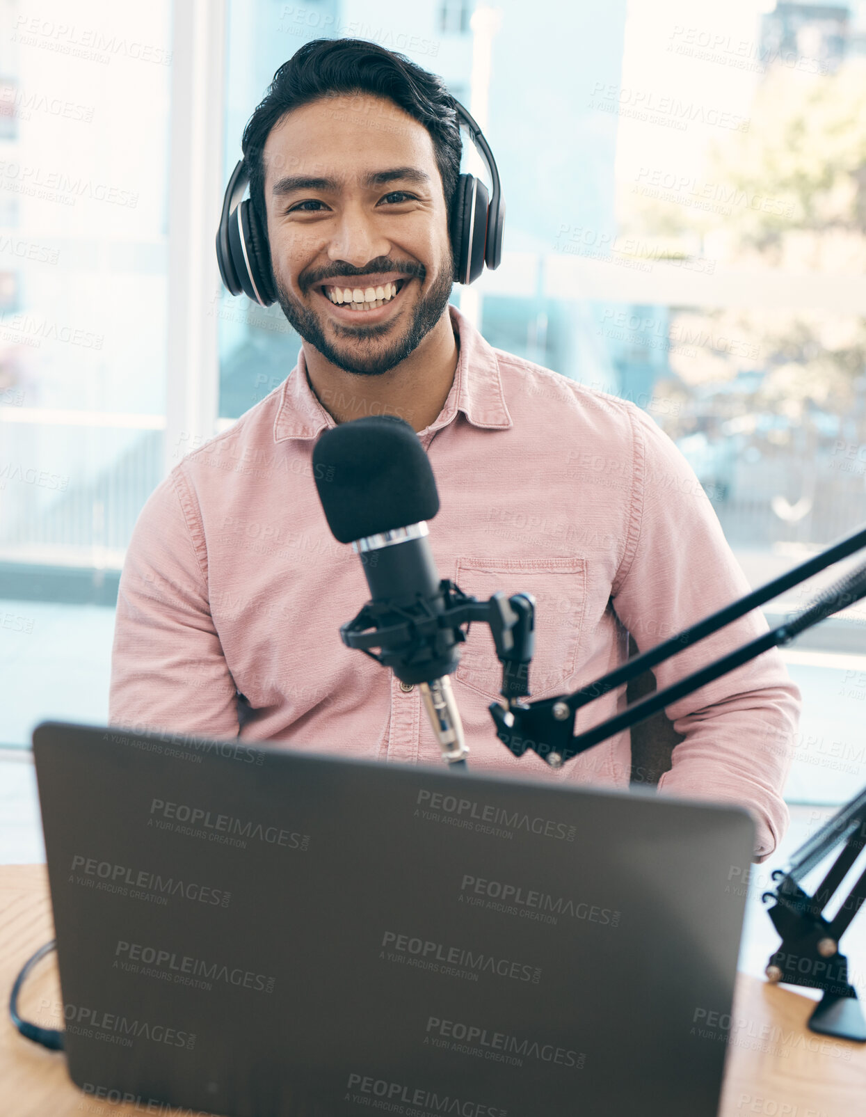 Buy stock photo Happiness, portrait and podcast man, speaker or audio presenter pride in online social media talk show. Radio air, audio mic and influencer hosting, live streaming and broadcast news, advice or tips