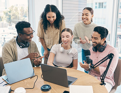 Buy stock photo Talk show, applause and team with celebration, laptop and happiness with prize, award and cooperation. People, presenter and group with achievement, clapping and live streaming with a pc and podcast