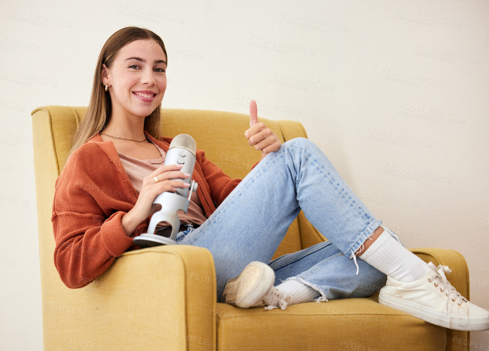 Buy stock photo Woman, microphone and podcast, influencer with thumbs up, media broadcast with feedback and communication. Talk show, chat and live streaming with presenter and hand gesture, support and portrait