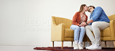 Buy stock photo Couple on a couch, kiss and love with marriage, relationship and mockup space moment, romantic and trust. People on a sofa, man and woman with connection, care and dating with commitment and relax