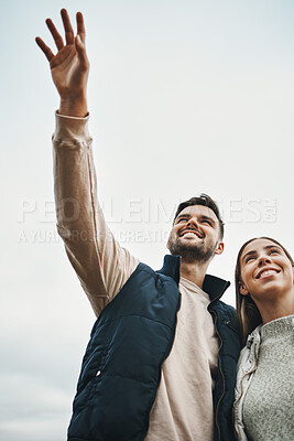 Buy stock photo Vision, hiking and sky with a couple outdoor together for freedom, travel or adventure from below. Smile, hand and view with happy young people in nature to explore the wilderness for romance