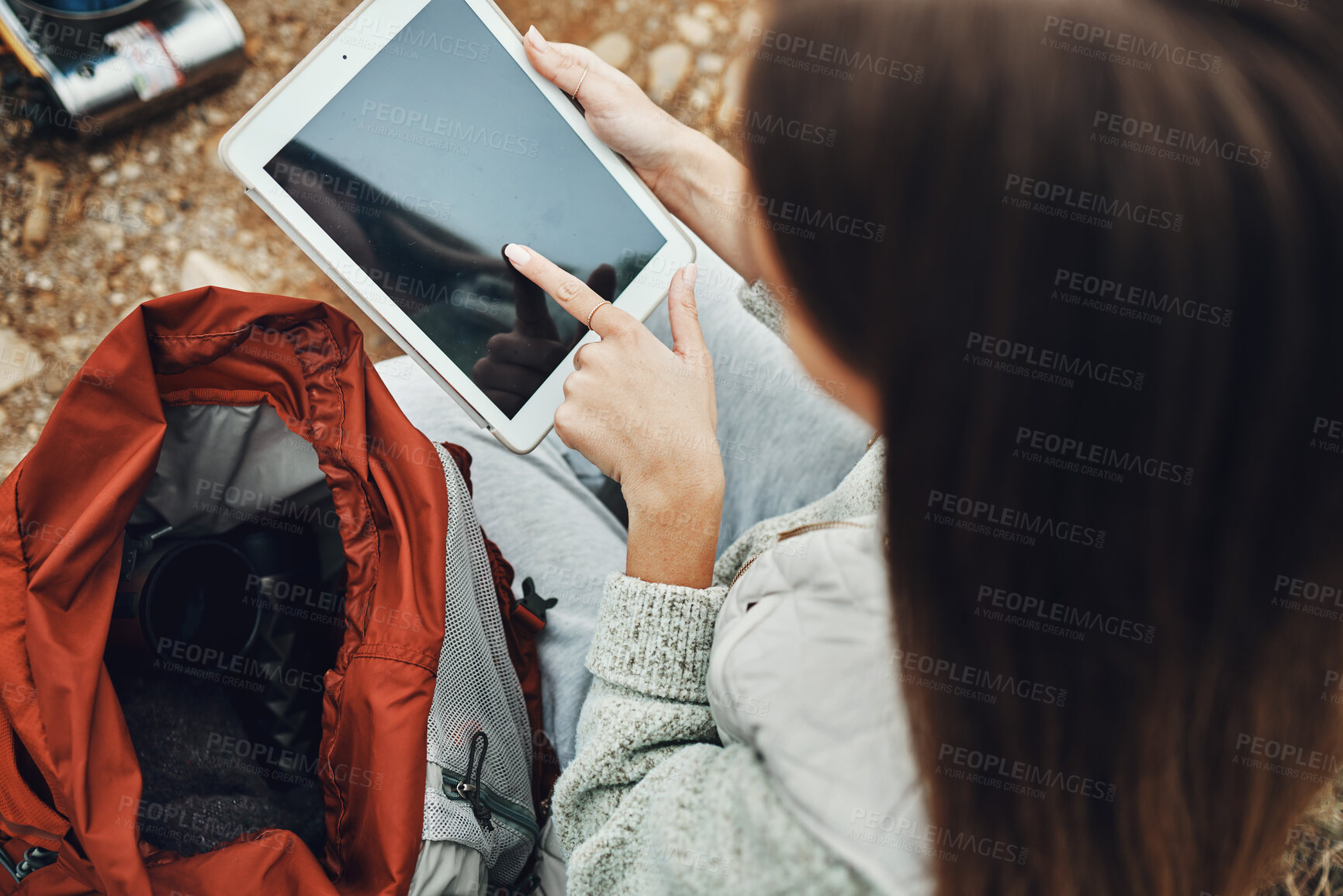 Buy stock photo Woman, hands and tablet screen on camp for social media, navigation or outdoor communication in nature. Closeup of female person with technology display, app or mockup for networking or online search