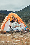 Mountain, camping and couple relax in tent and happy together in winter, nature or environment. Happy, people and rest in shelter on hiking, holiday adventure or journey in forest and woods 