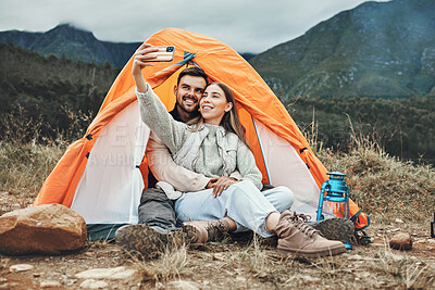 Buy stock photo Couple, tent and happy in camping selfie, memory and holiday on web blog, morning and countryside. Man, woman and relax with vacation, social network post and adventure with love, outdoor and freedom