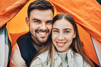 Buy stock photo Happy couple, face and portrait in tent for camping, holiday vacation or travel together on outdoor adventure. Man and woman smile in relationship for weekend on camp site, journey or love in nature