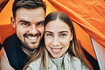 Happy couple, face and portrait in tent for camp, holiday vacation or travel together on outdoor adventure. Closeup of man or woman smile in relationship on weekend, love camping or journey in nature