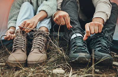 Buy stock photo Shoes, people tie shoelace and hiking outdoor in nature park for travel and adventure, explore and zoom. Boots, camping with start or prepare for walk, trekking and journey with health and fitness