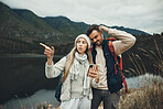 Hiking, stress and lost couple with a phone in nature for direction, map or navigation with anxiety. Backpacking, travel and people with smartphone app for location search or navigation to campsite