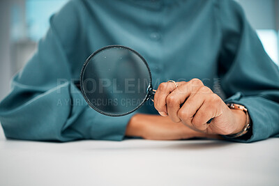 Buy stock photo Magnifying glass, investigation and person hand with detective, study and business employee. Lens, crime search and evidence scan with spy magnifier, solution and analysis for knowledge in office