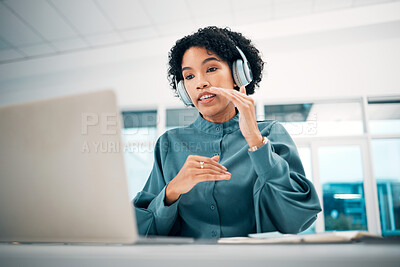 Buy stock photo Woman, laptop and headphones, video call with presentation or interview, information and online meeting. Communication, talking and virtual discussion, webinar and corporate training with chat