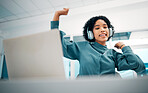 Headphones, dancing and woman with laptop listening to music, playlist or album in the office. Happy, smile and female creative designer moving and streaming a song on radio on computer in workplace.