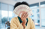 Woman, hand and money fan in financial freedom, investment or savings for profit or growth at office. Female person with cash flow, paper notes or bills for expenses, shopping or finance at workplace