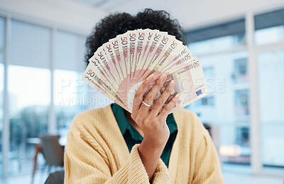 Buy stock photo Woman, hand and money fan in financial freedom, investment or savings for profit or growth at office. Female person with cash flow, paper notes or bills for expenses, shopping or finance at workplace