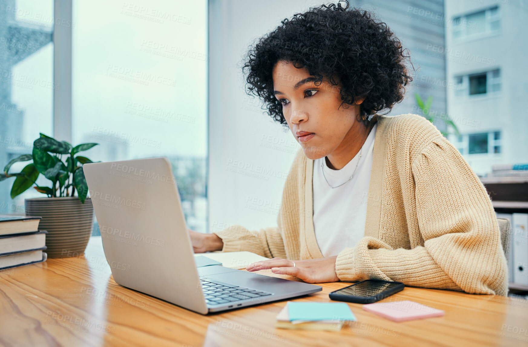 Buy stock photo Woman with laptop, typing and notes in home office with research, internet and reading ideas for freelance project. Remote work, web report and girl with computer, thinking or writing online feedback