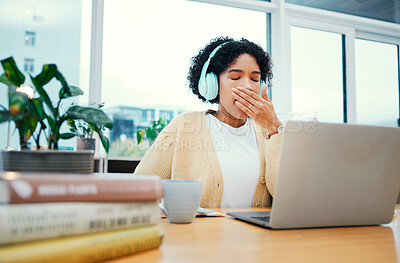 Buy stock photo Business, burnout and tired woman yawn with laptop in office sleepy, low energy or lazy. Fatigue, exhausted and female person bored with online conference, training or upskill, video or seminar  