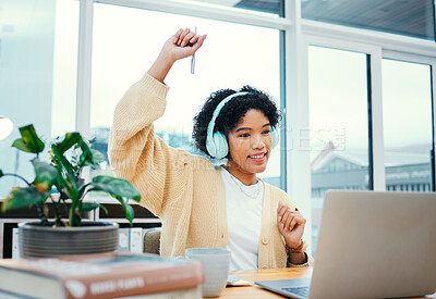 Buy stock photo Business, headphones and happy woman dance with laptop in office for good news, email or success. Music, smile and excited female manger online with energy, achievement or streaming podcast track