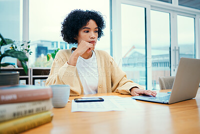 Buy stock photo Woman with laptop, thinking and research in home office with documents, internet and freelance project. Remote work, ideas and girl with computer, paperwork and writing online article for website.