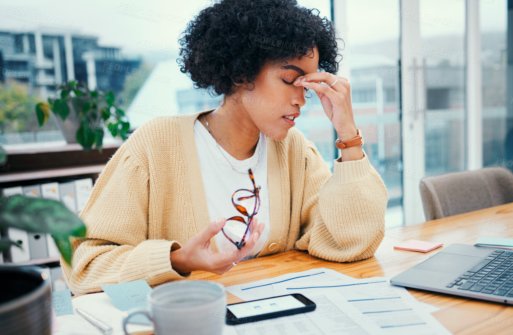 Buy stock photo Stress headache, laptop and woman with bills, debt and glasses, exhausted with tax audit in office. Frustrated, fatigue and tired girl with pain, burnout or anxiety for invoice payment at computer.