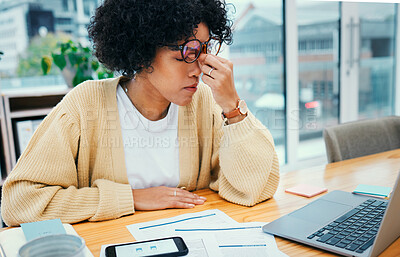 Buy stock photo Stress headache, laptop and woman in home office with bills, debt or  exhausted with tax audit. Frustrated, fatigue and tired girl with pain, burnout or anxiety for invoice payment crisis at computer