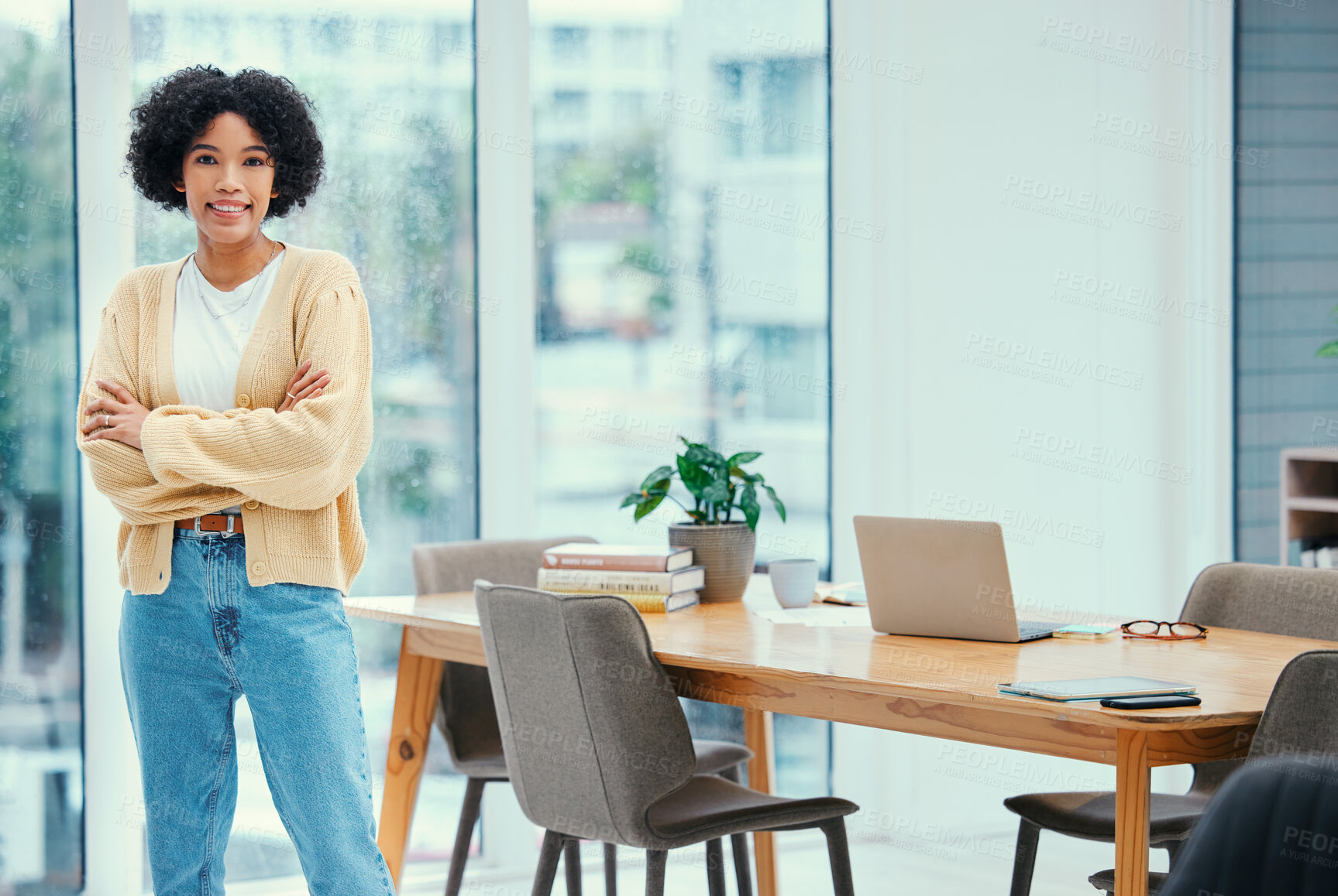 Buy stock photo Portrait, smile and business woman with arms crossed in office happy, confident and professional. Face, pride and female entrepreneur proud of startup advertising agency, company or career goals
