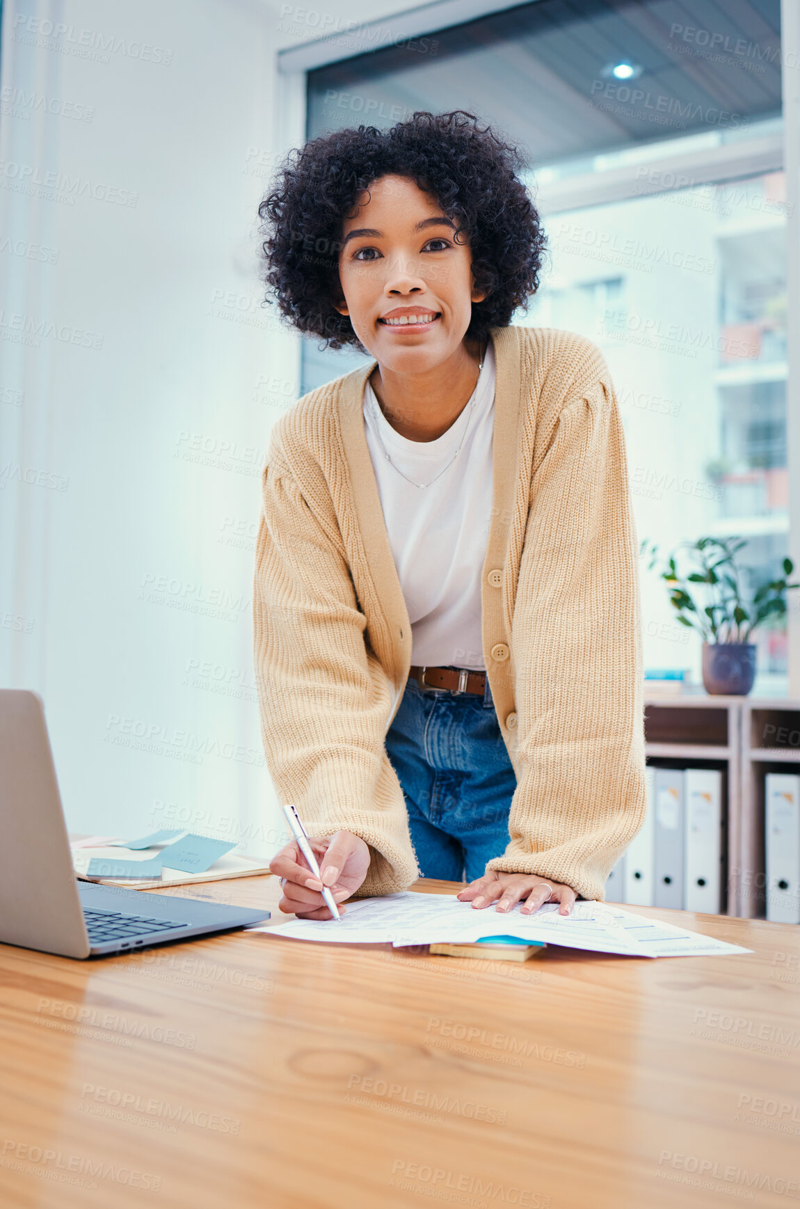 Buy stock photo Portrait of woman, notes and standing in office with admin, internet and creative ideas for freelance project. Remote work, writing on paperwork and girl at desk with research, agenda and happy face.