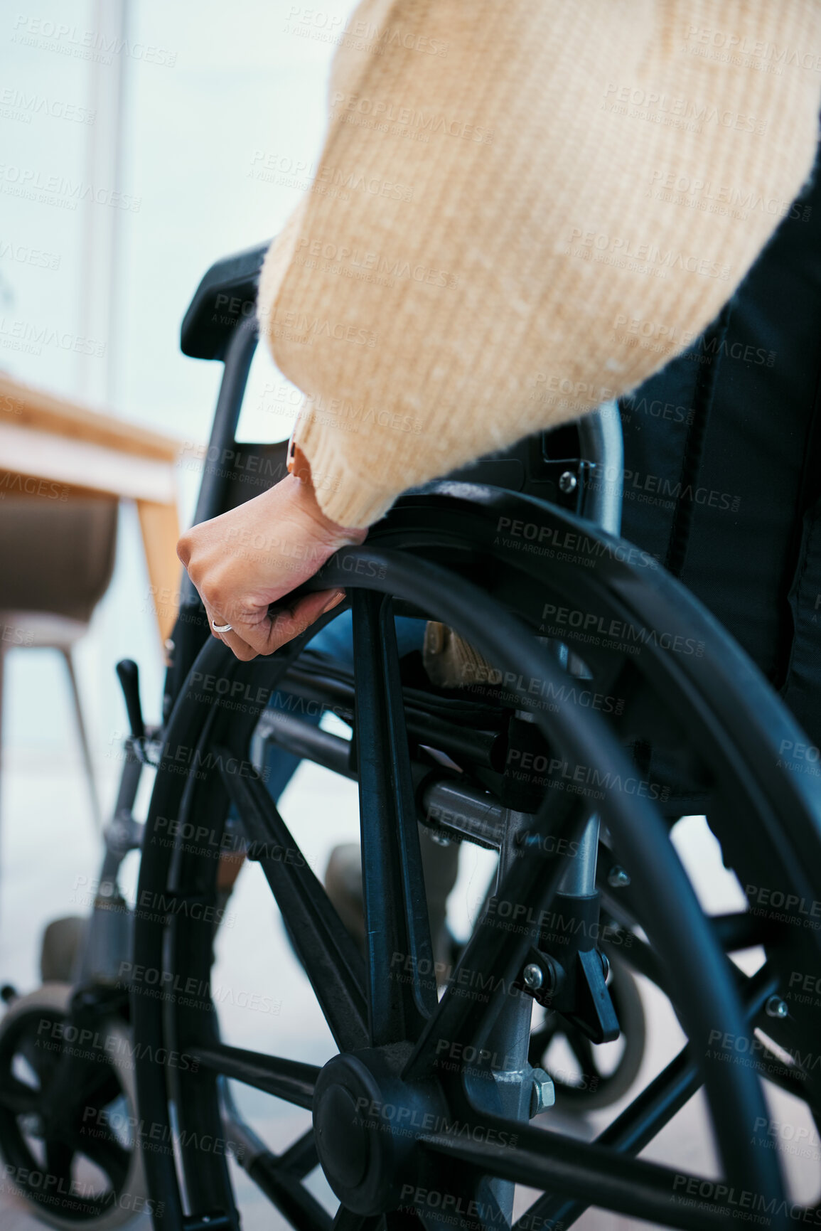 Buy stock photo Hand, wheelchair and patient with a disability closeup in a home for recovery or mobility from the back. Healthcare, medical and injury with a person in a hospital or clinic for rehabilitation