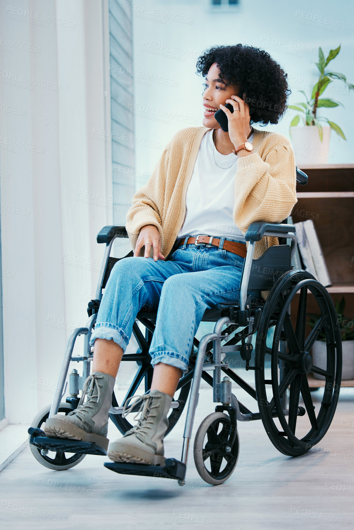 Buy stock photo Phone call, wheelchair and happy woman talking in home, chat and speaking. Mobile, conversation and smile of person with a disability, online communication and smartphone technology for discussion