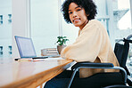 Business, happy and portrait of woman in wheelchair at desk on laptop working on project, report and research. Company, office and person with disability on computer for internet, email and schedule