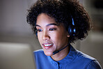 Computer, customer support face and business woman communication, contact center and reading bank account info. Loan advisory, night services and insurance agent telemarketing on online sales pitch