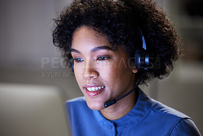 Buy stock photo Computer, customer support face and business woman communication, contact center and reading bank account info. Loan advisory, night services and insurance agent telemarketing on online sales pitch