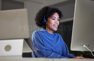 Buy stock photo Computer, contact center and night business woman typing customer service report, telemarketing research and help desk advice. Technical support, communication and person search online telecom review