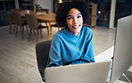 Portrait of woman with computer, research or schedule planner with overtime in human resources office administration. Smile, face girl at desk, receptionist or secretary at startup business at night.