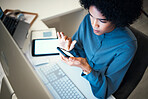 Phone, business woman and night with mobile networking and working in a office. Blank screen, reading and web analysis of a female professional at a company with web design deadline for work website