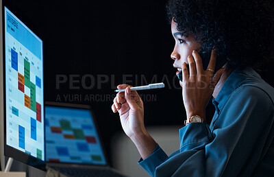 Buy stock photo Woman with computer, phone call and schedule in dark office for agenda, reminder and office administration. Online calendar, night and cellphone, girl at desk planning spreadsheet for time management