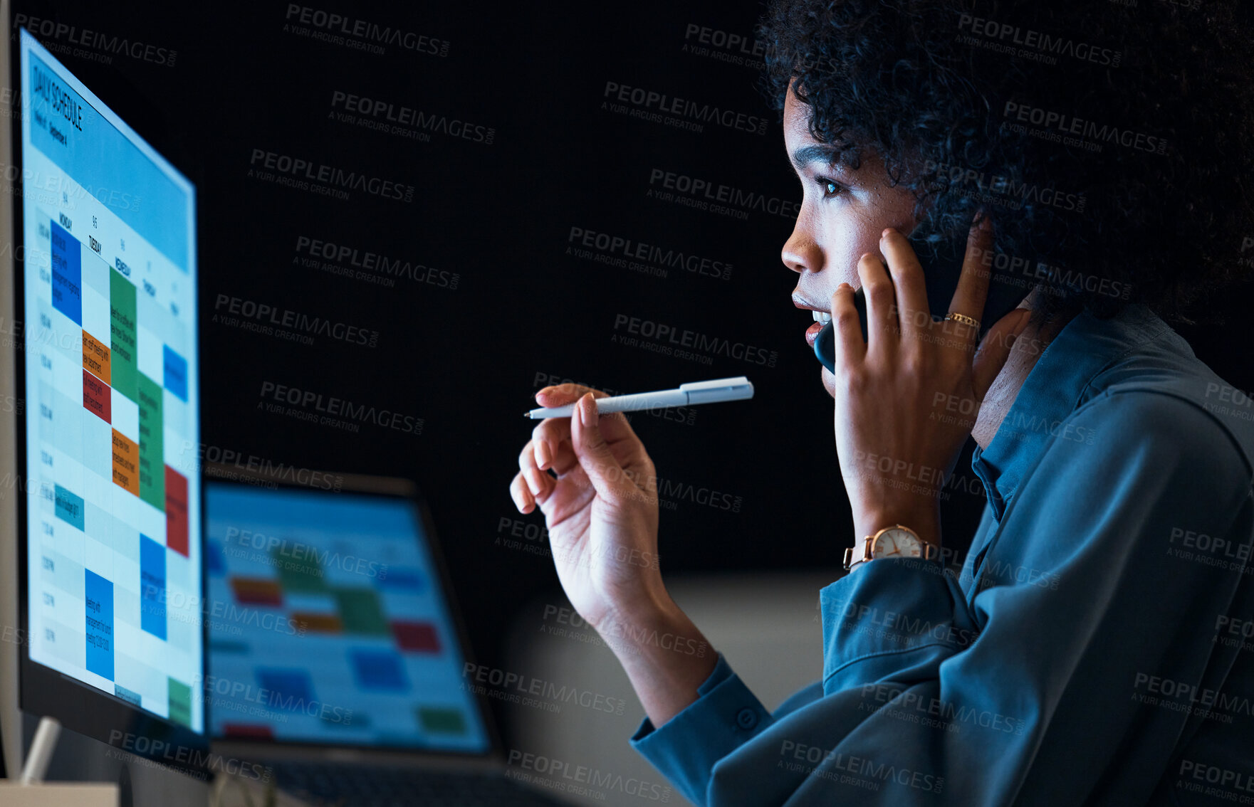 Buy stock photo Woman with computer, phone call and schedule in dark office for agenda, reminder and office administration. Online calendar, night and cellphone, girl at desk planning spreadsheet for time management