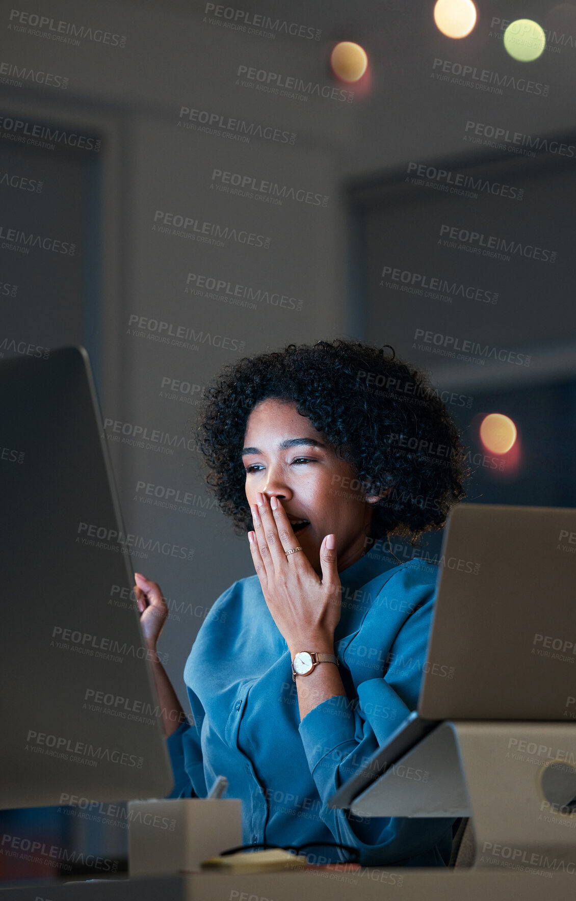 Buy stock photo Night, burnout and tired business woman yawning in office with computer and tablet for research. Working late, fatigue and sleepy female designer with low energy online for digital web design plan