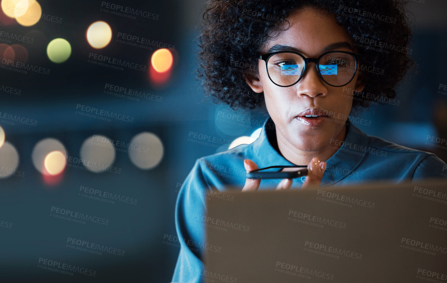 Buy stock photo Business woman, phone and speaker at night on laptop for communication, recording or discussion at office. Female person or employee working late with mobile smartphone for voice note or conversation