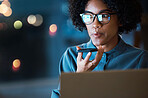 Woman, smartphone and recording with laptop, night and message for communication, online or job. Phone call, voice message and loudspeaker for agenda, strategy and plan to network, night or office