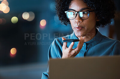 Buy stock photo Woman, smartphone and recording with laptop, night and message for communication, online or job. Phone call, voice message and loudspeaker for agenda, strategy and plan to network, night or office