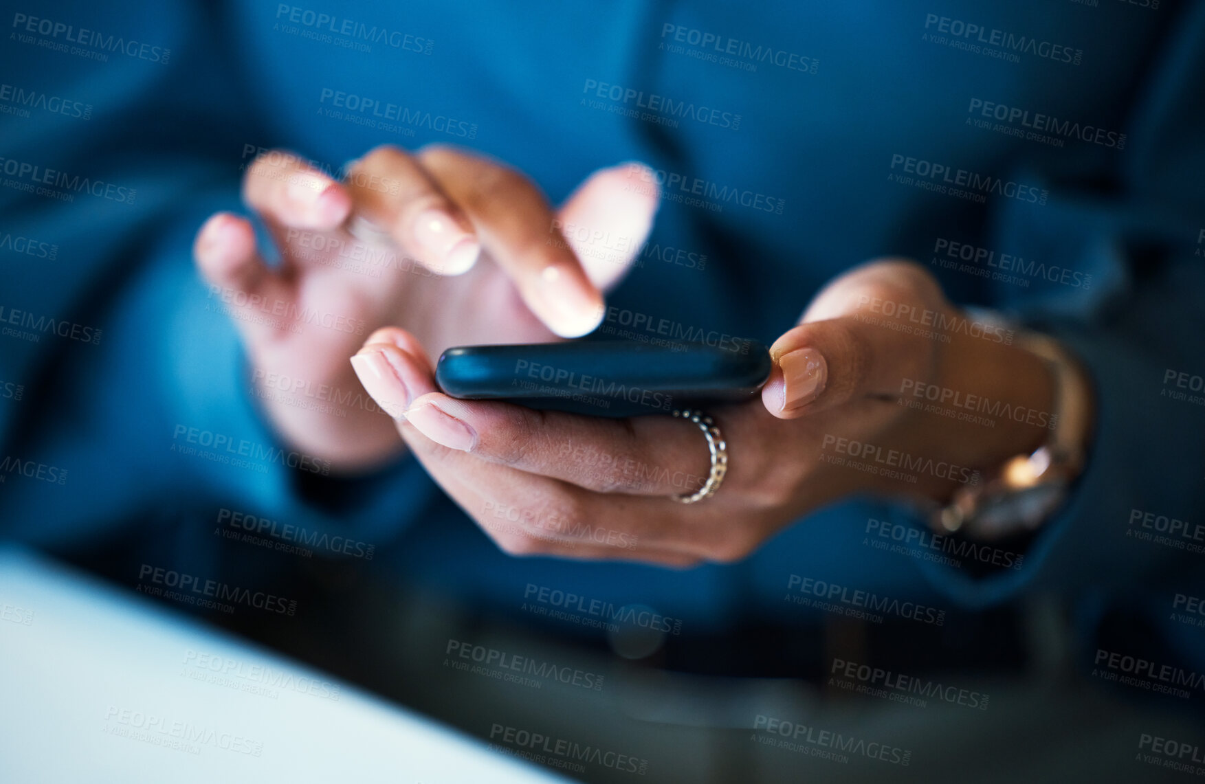 Buy stock photo Business woman, hands and phone typing in social media, communication or networking at office. Closeup of person or employee on mobile smartphone for online texting, chatting or search at workplace