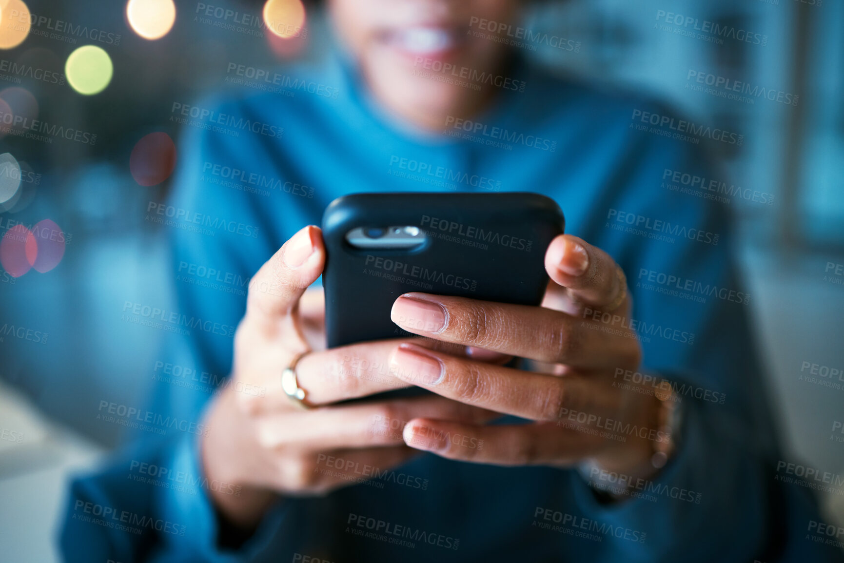 Buy stock photo Night, hands and business person with phone in office for social media, text or chat communication. Working late, message and female entrepreneur with smartphone app for internet, search or reading 