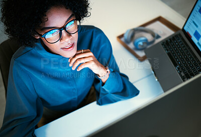 Buy stock photo Woman with computer, thinking and spreadsheet for schedule, agenda or reminder in office administration. Online calendar, diary and girl at desk planning time management at startup with high angle.