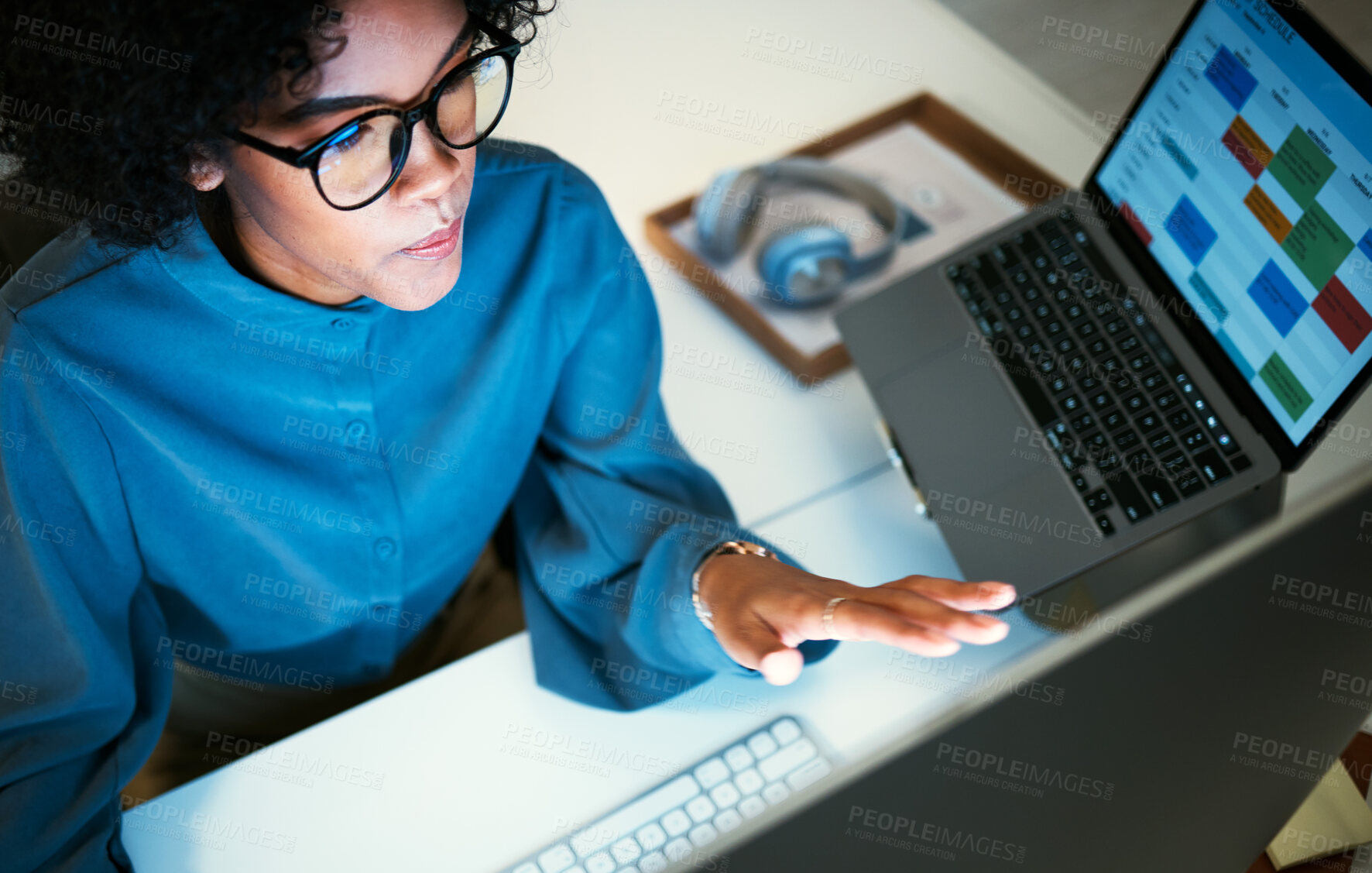 Buy stock photo Woman with computer, office and checking schedule, agenda and reminder for administration. Online calendar, diary and laptop screen, girl at desk planning spreadsheet for time management from above.