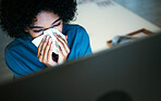 Business, night and woman with a sneeze, sick and illness with burnout, stress and overworked. Person, consultant and employee with a computer, virus and disease with tissue, allergies and fatigue