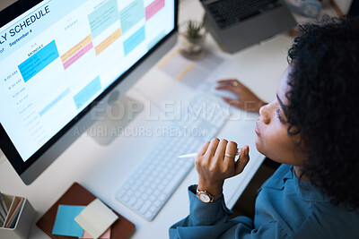 Buy stock photo Woman with computer, thinking and checking schedule, agenda and reminder for office administration. Online calendar, planner and girl at desk planning spreadsheet for time management with high angle.